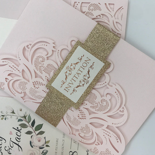 Blush Pink Pocket Laser Cut Wedding Invitations with Gold Glittery Belly Band Lcz076 (2)