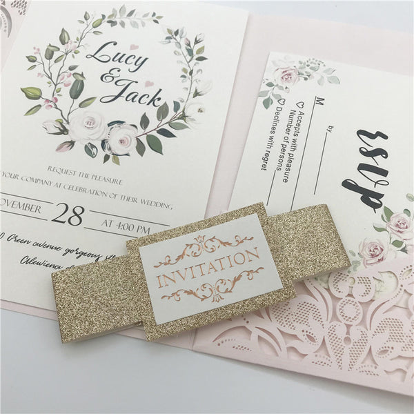 Blush Pink Pocket Laser Cut Wedding Invitations with Gold Glittery Belly Band Lcz076 (5)