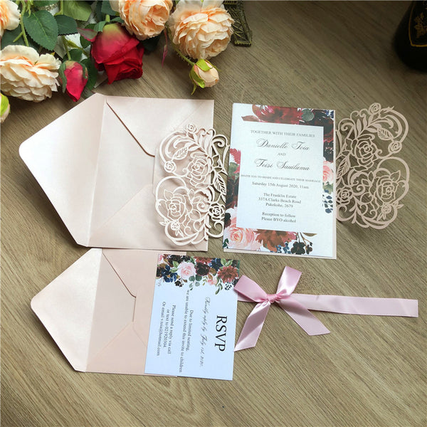 Blush Pink Shimmer Laser Cut Wedding Invitations with Bow Tie Lcz058 (1)