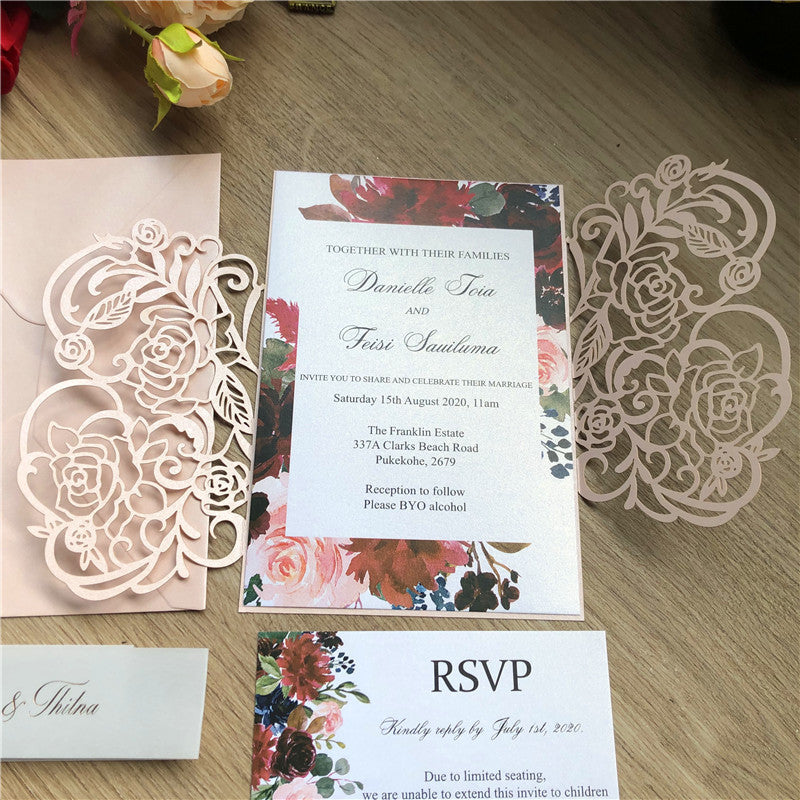 Blush Pink Shimmer Laser Cut Wedding Invitations with Bow Tie Lcz058 (7)