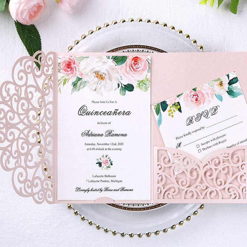 Blush Pink Tri-Fold Laser Cut Wedding Invitation Pocket with Envelopes for Wedding (1)