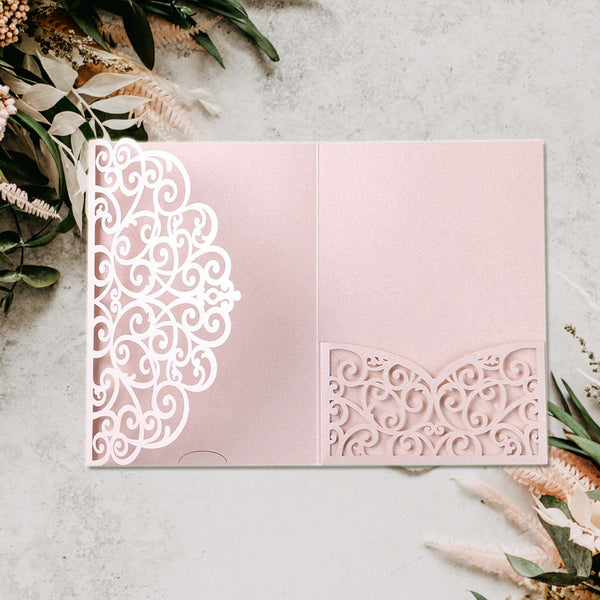 Blush Pink Tri-Fold Laser Cut Wedding Invitation Pocket with Envelopes for Wedding (2)