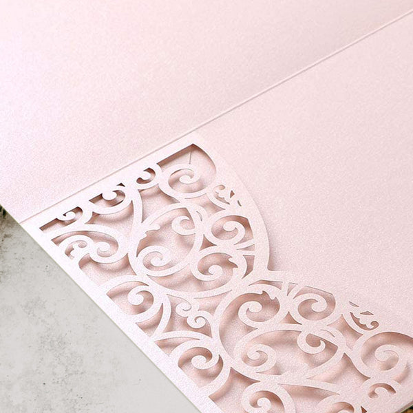 Blush Pink Tri-Fold Laser Cut Wedding Invitation Pocket with Envelopes for Wedding (4)