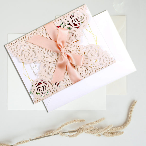 Blush Pink Wedding Invitations Cards Laser Cut Hollow Rose With Ribbons (10)