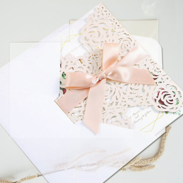 Blush Pink Wedding Invitations Cards Laser Cut Hollow Rose With Ribbons (11)