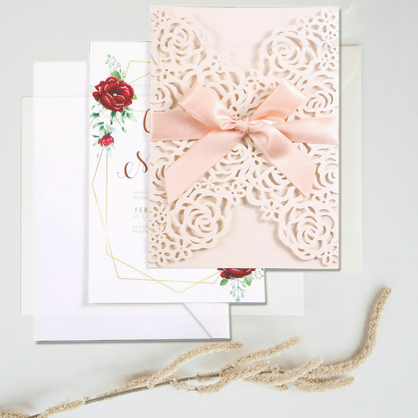Blush Pink Wedding Invitations Cards Laser Cut Hollow Rose With Ribbons (1)