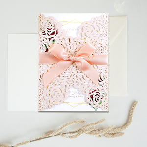 Blush Pink Wedding Invitations Cards Laser Cut Hollow Rose With Ribbons (7)