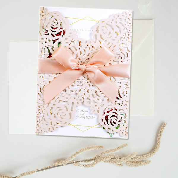 Blush Pink Wedding Invitations Cards Laser Cut Hollow Rose With Ribbons (9)