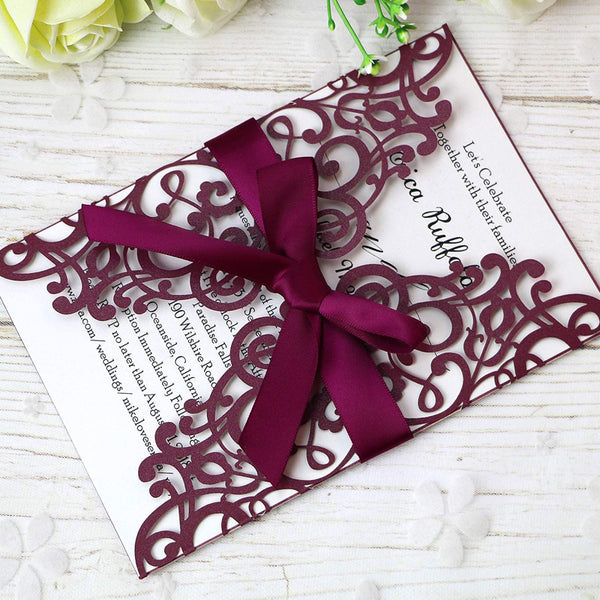 Burgundy Detailed Floral Design Laser Cut Wedding Invitations Cards with Envelopes (1)
