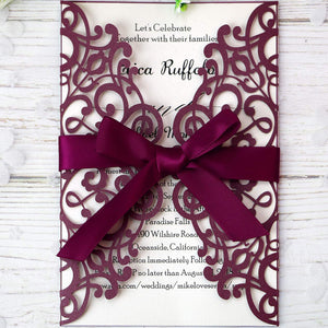 Burgundy Detailed Floral Design Laser Cut Wedding Invitations Cards with Envelopes (4)