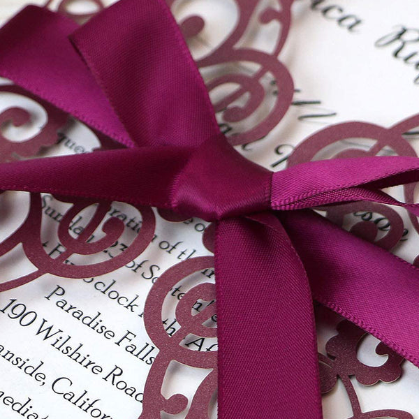 Burgundy Detailed Floral Design Laser Cut Wedding Invitations Cards with Envelopes (5)