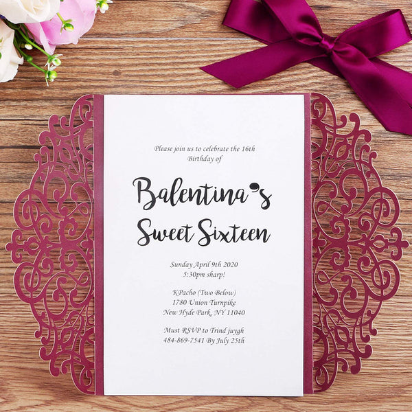 Burgundy Detailed Floral Design Laser Cut Wedding Invitations Cards with Envelopes (6)