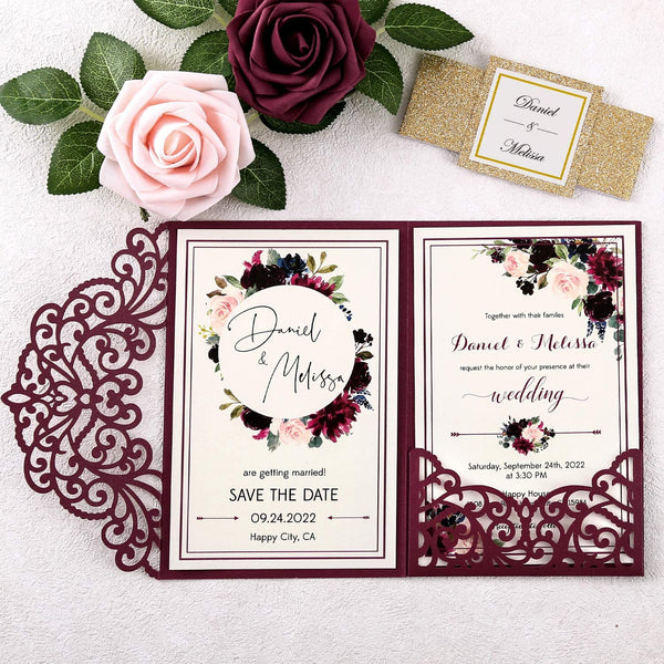 Burgundy Laser Cut Wedding Invitations With Hollow Rose Pocket And Gold Glitter Belly Band (4)