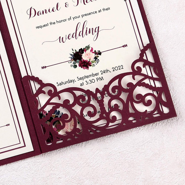 Burgundy Laser Cut Wedding Invitations With Hollow Rose Pocket And Gold Glitter Belly Band (5)