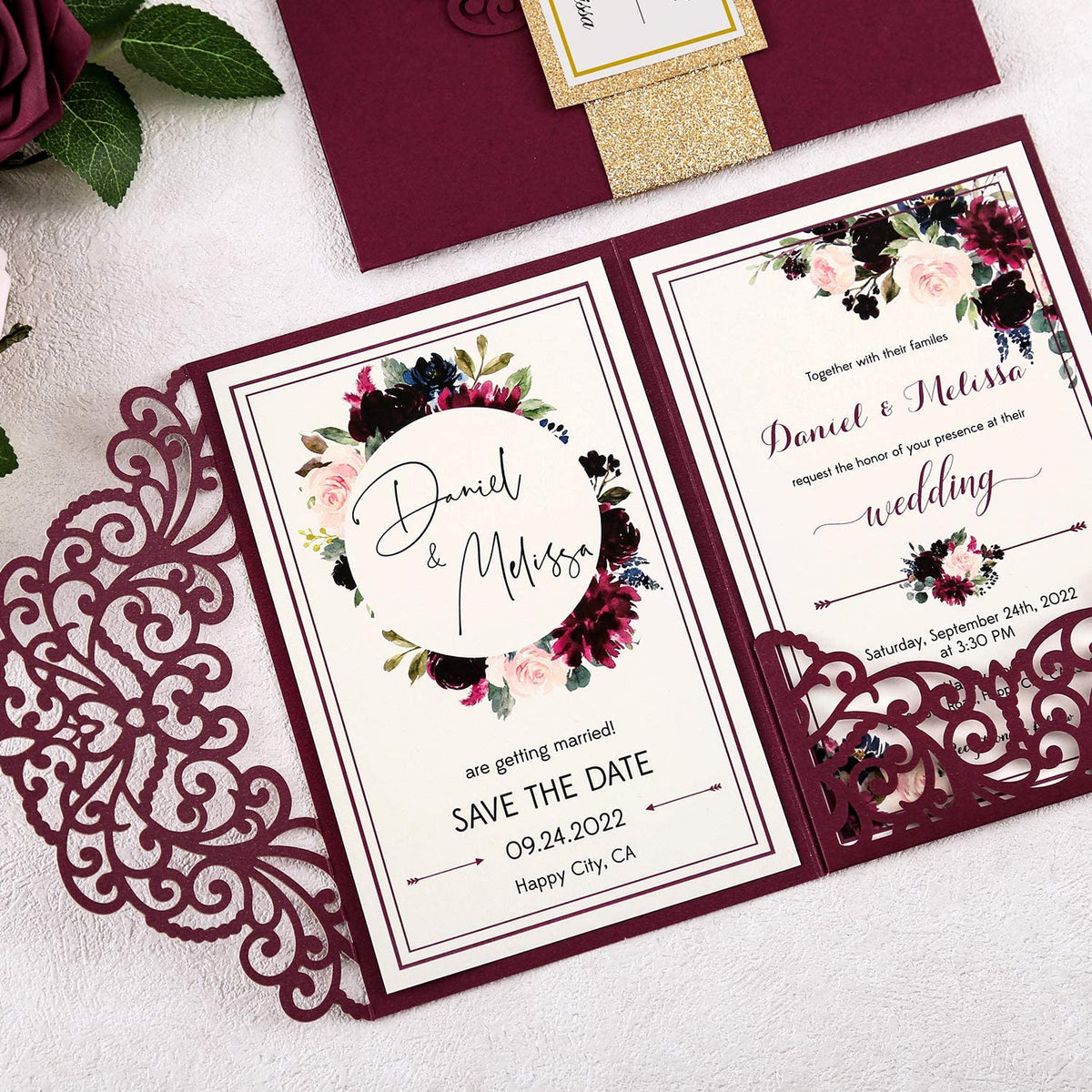 Burgundy Laser Cut Wedding Invitations With Hollow Rose Pocket And Gol ...