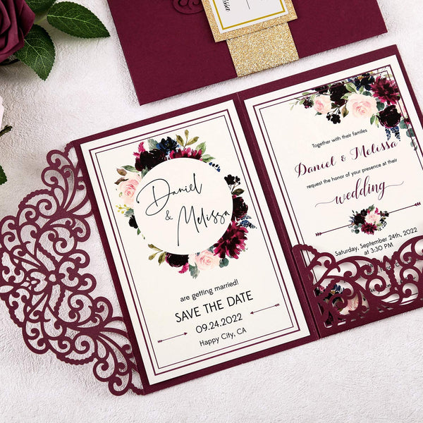 Burgundy Laser Cut Wedding Invitations With Hollow Rose Pocket And Gold Glitter Belly Band