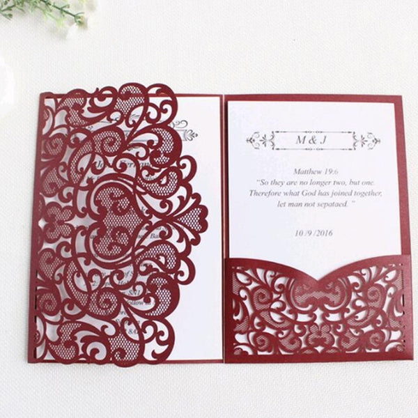 Burgundy Laser cut Tri-fold paper wedding anniversary invitations (2)