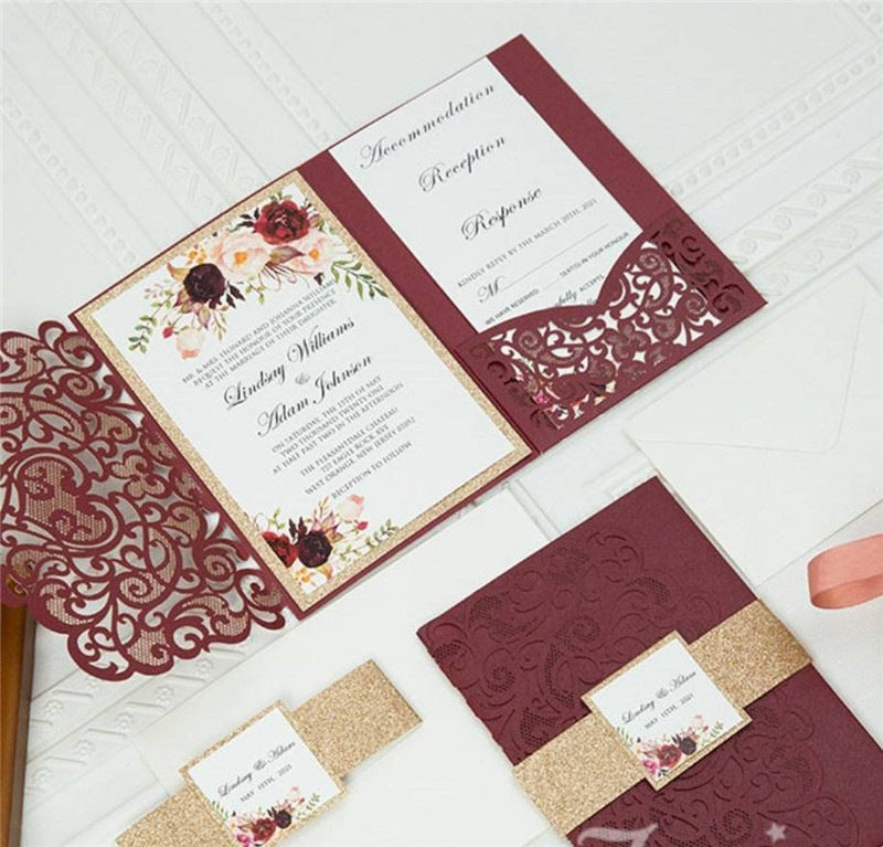 Burgundy Pocket Laser Cut Wedding Invitations with Gold Belly Band and Info Tag Lcz052 (1)