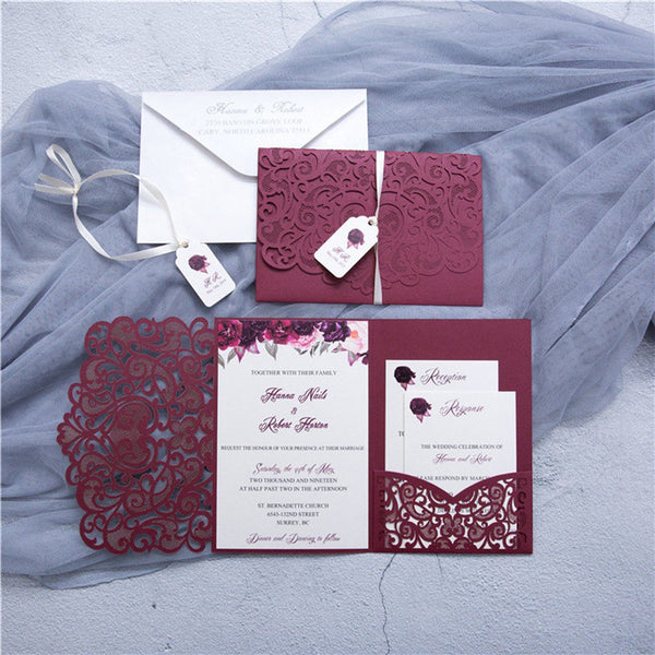 Burgundy Pocket Laser Cut Wedding Invitations with Gold Belly Band and Info Tag Lcz052 (2)