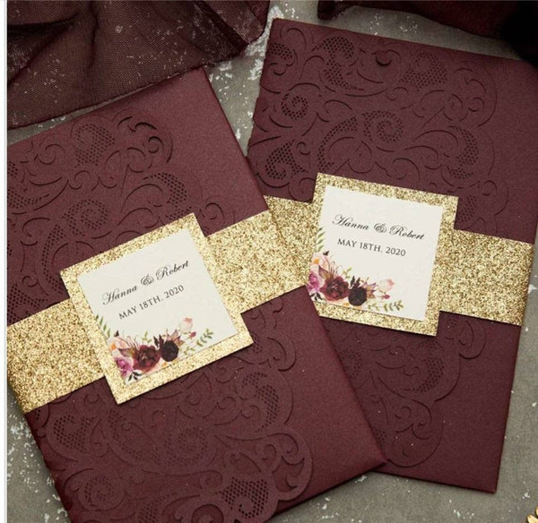 Burgundy Pocket Laser Cut Wedding Invitations with Gold Belly Band and Info Tag Lcz052 (3)