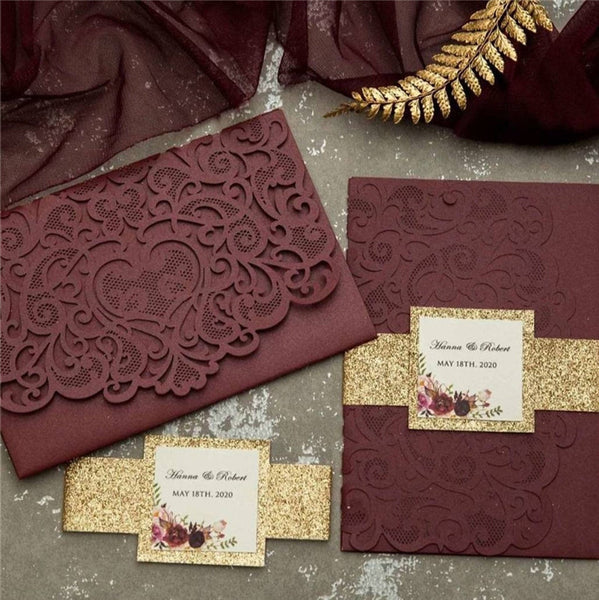 Burgundy Pocket Laser Cut Wedding Invitations with Gold Belly Band and Info Tag Lcz052 (4)