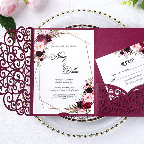 Burgundy Tri-Fold Laser Cut Wedding Invitation Pocket with Envelopes (1)