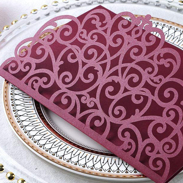 Burgundy Tri-Fold Laser Cut Wedding Invitation Pocket with Envelopes (4)