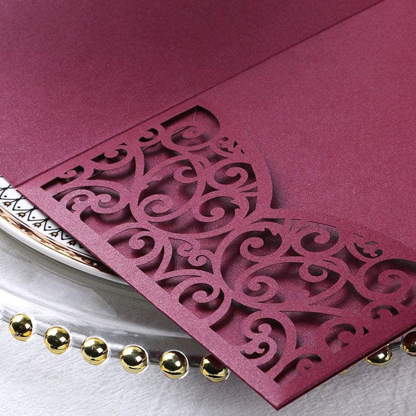 Burgundy Tri-Fold Laser Cut Wedding Invitation Pocket with Envelopes (5)