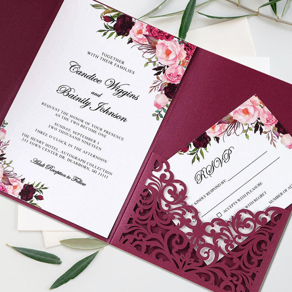 Burgundy Wedding Invitations Cards with Envelopes Ribbons for Wedding (4)