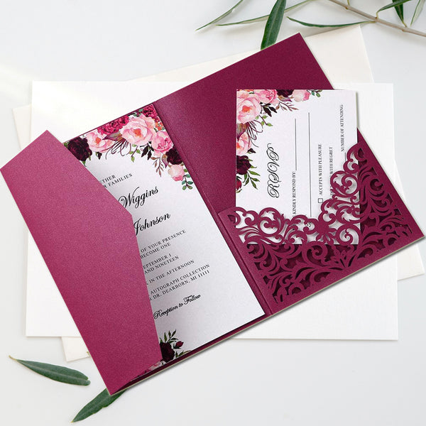 Burgundy Wedding Invitations Cards with Envelopes Ribbons for Wedding (6)