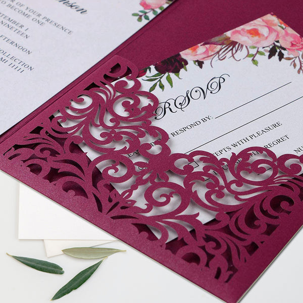 Burgundy Wedding Invitations Cards with Envelopes Ribbons for Wedding (7)