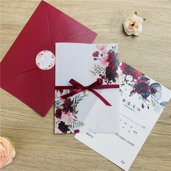 Burgundy and Pink Floral UV Printed Wedding Invitations on Vellum Paper with Ribbon and Cute Pearl Lcz069 (2)