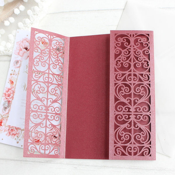 Burgundy laser cut wedding invitations with floral designs (3)