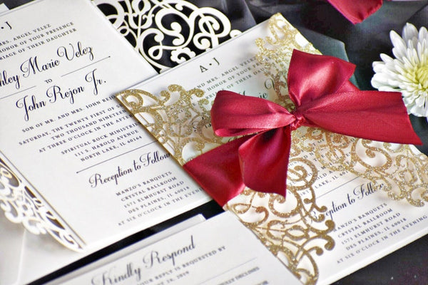 Champagne Gold and Burgundy Glittery Laser Cut Wedding Invitations (1)