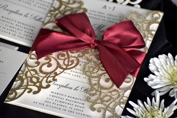 Champagne Gold and Burgundy Glittery Laser Cut Wedding Invitations (2)