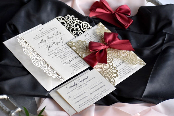 Champagne Gold and Burgundy Glittery Laser Cut Wedding Invitations (3)