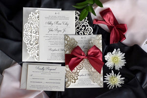 Champagne Gold and Burgundy Glittery Laser Cut Wedding Invitations (5)