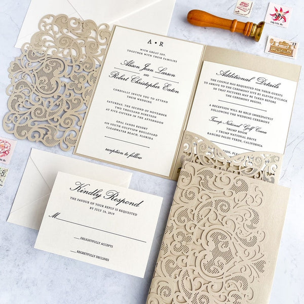 Champagne Gold and Ivory Shimmer Laser Cut Wedding Invitation (1)
