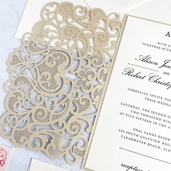 Champagne Gold and Ivory Shimmer Laser Cut Wedding Invitation (3)