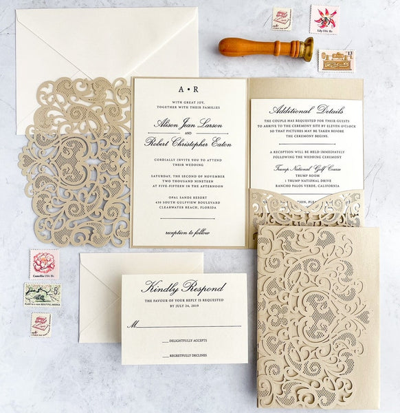 Champagne Gold and Ivory Shimmer Laser Cut Wedding Invitation (5)