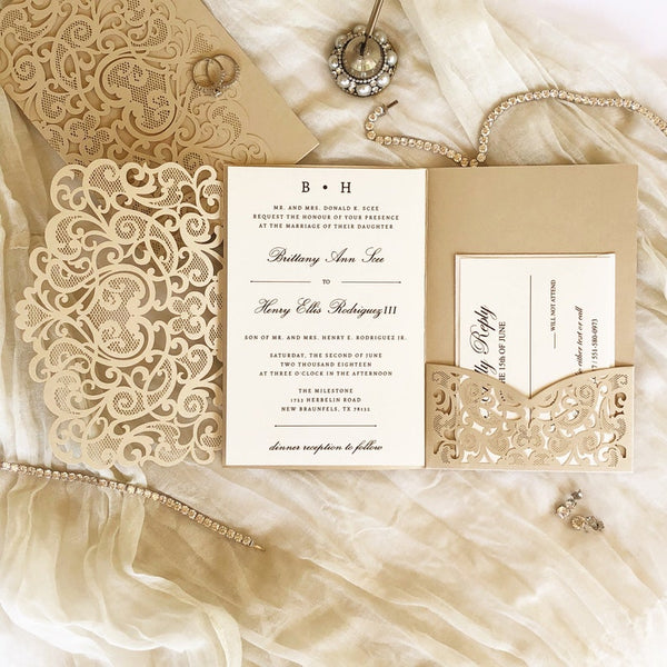 Champagne Gold and Ivory Shimmer Laser Cut Wedding Invitation