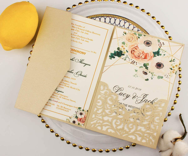 Champagne Vine Tri Fold Wedding Invitations Cards with Pocket (1)