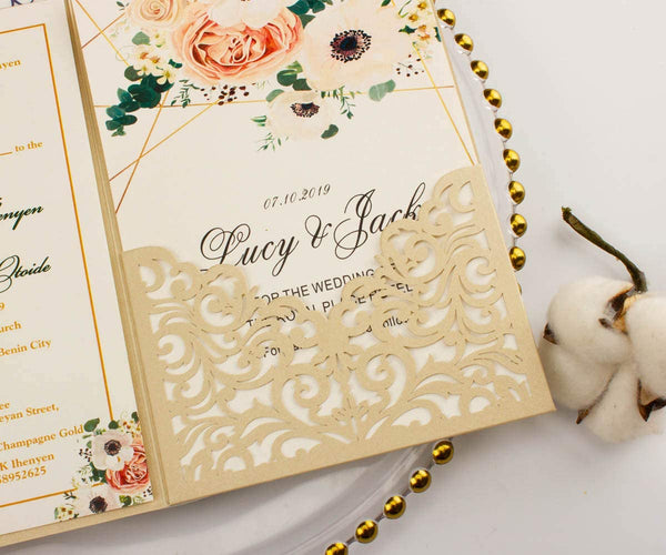 Champagne Vine Tri Fold Wedding Invitations Cards with Pocket (2)