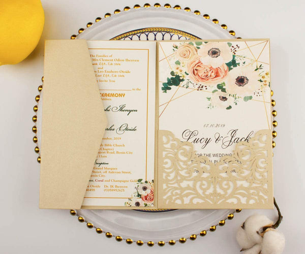 Champagne Vine Tri Fold Wedding Invitations Cards with Pocket (5)