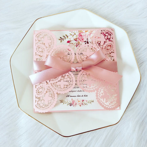 Charming Pink Laser Cut Wedding Invitations with Ribbon