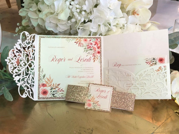 Charming White Laser Invitation with Gold Backer