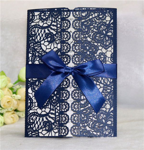 Charming and elegant navy blue laser cut wedding invitations with bow ribbons LC054_1