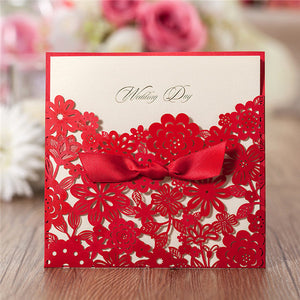 Charming red and white laser cut wedding invitations with cute bow ribbons LC025_1