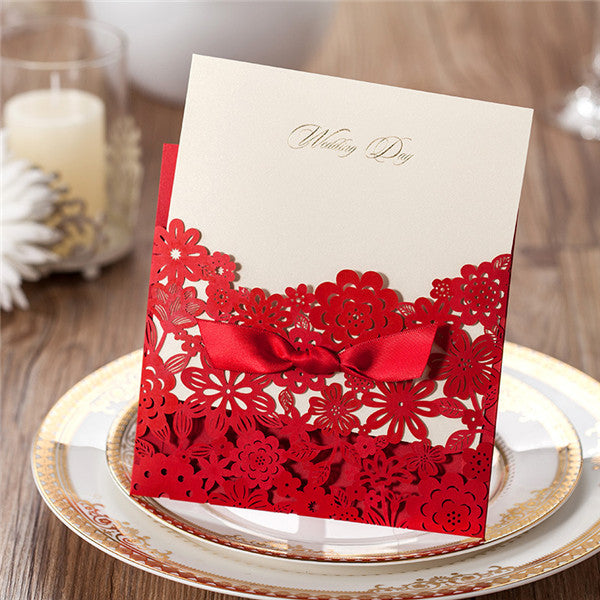 Charming red and white laser cut wedding invitations with cute bow ribbons LC025_2