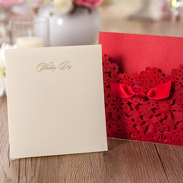 Charming red and white laser cut wedding invitations with cute bow ribbons LC025_4